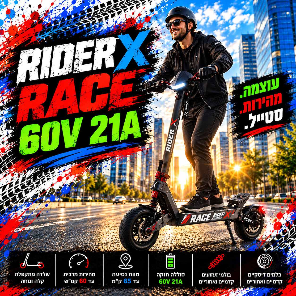 רייס צהוב ריידר X רייס/ סוללה 60V 21H/ מנוע בקר 1000W חזקות/ מעצורי דיסק שמן/ מחיר לא סופי – תמונה 1